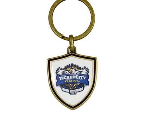 The plating color can be chose on Shield Shaped Zinc Alloy Keychain