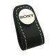 Black leather cable winder with brand logo is elegant.