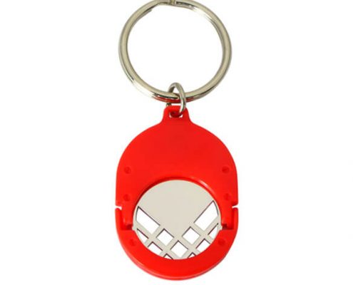 Red color plastic coin keyring with cut out coin