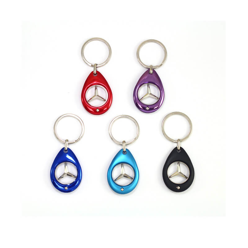 Five kinds of Drop Shaped Trolley Coin Keychain for show