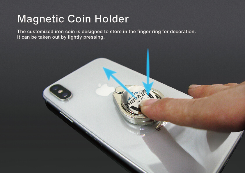 Zamac Finger Ring Stand with Coin is magnetic to attract coin easily.