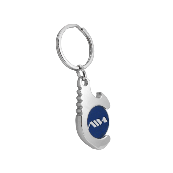 The left side of Metal Coin Holder Keychain with Antimicrobial Door Opener