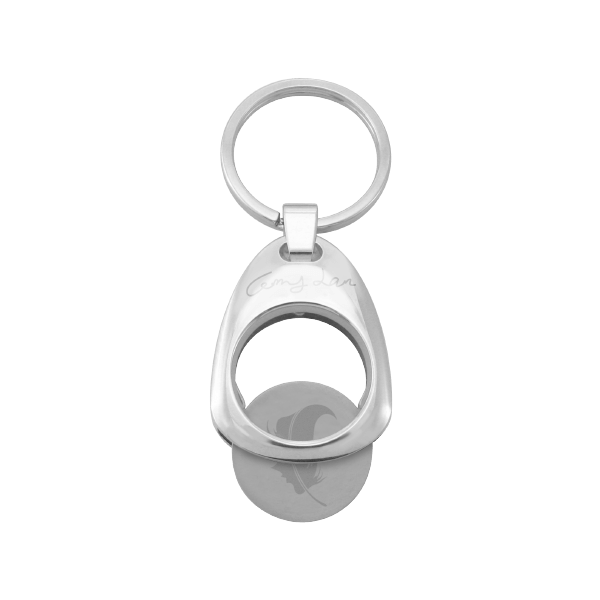 Personalized Bell Shape Coin Holder Keychain with a coin is inserting into it.