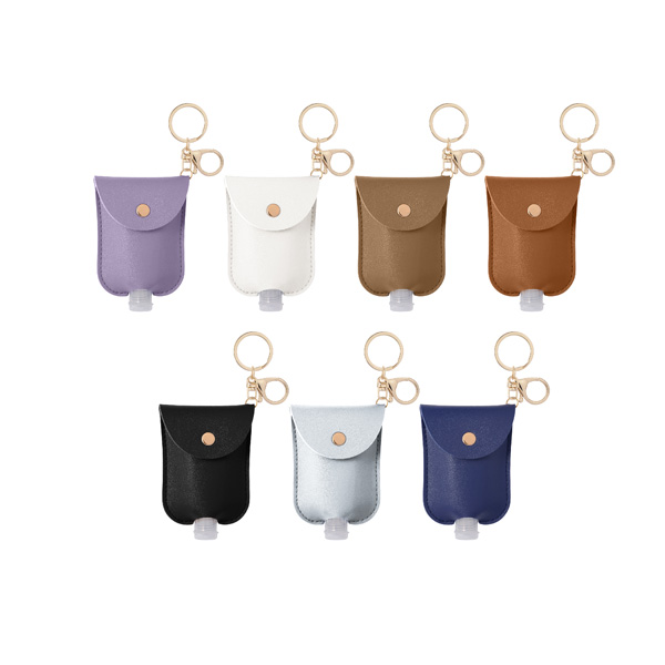 Several colors are available for the Leather Keyring With Sanitizer Squeeze Bottle.