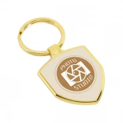 The logo and pattern are digitally printed on a Shield Shaped Zinc Alloy Keyring.
