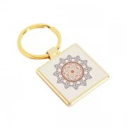 The logo and pattern are digitally printed on a Square Shaped Metal Keychain.