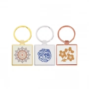 The Square Shaped Metal Keychain comes in a variety of colors.