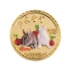 Gray and white rabbits on the front side of the coin
